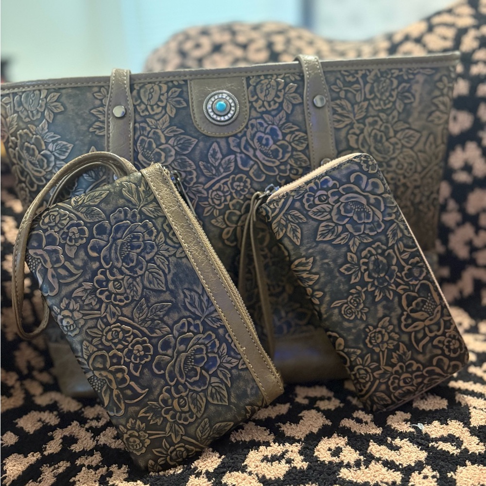 Brown Washed Floral Embossed Neverfull Inspired Women's Bag Set